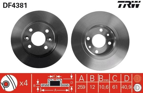 FREN DISKI ON TAKIM 259 MM DUZ - LOGAN/SANDERO/TWINGO (04-) - TRW - OEM: 6001547683
